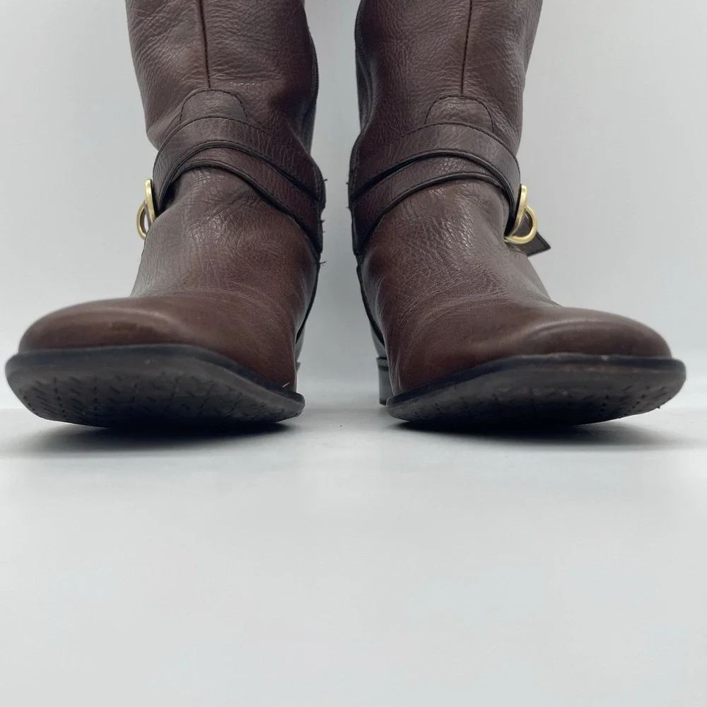 Talbots Womens 7AA Riding Boots Tall Brown Pebbled Leather Gold Buckle‎ Full Zip - Picture 10 of 16